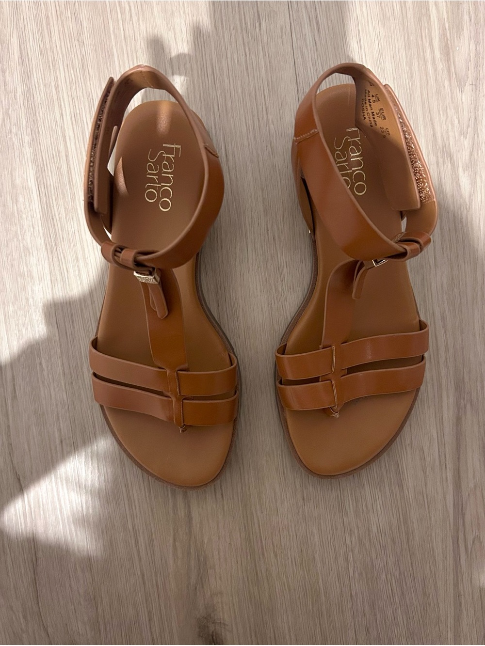 Franco Sarto Cognac Leather T-Strap Ankle Sandals